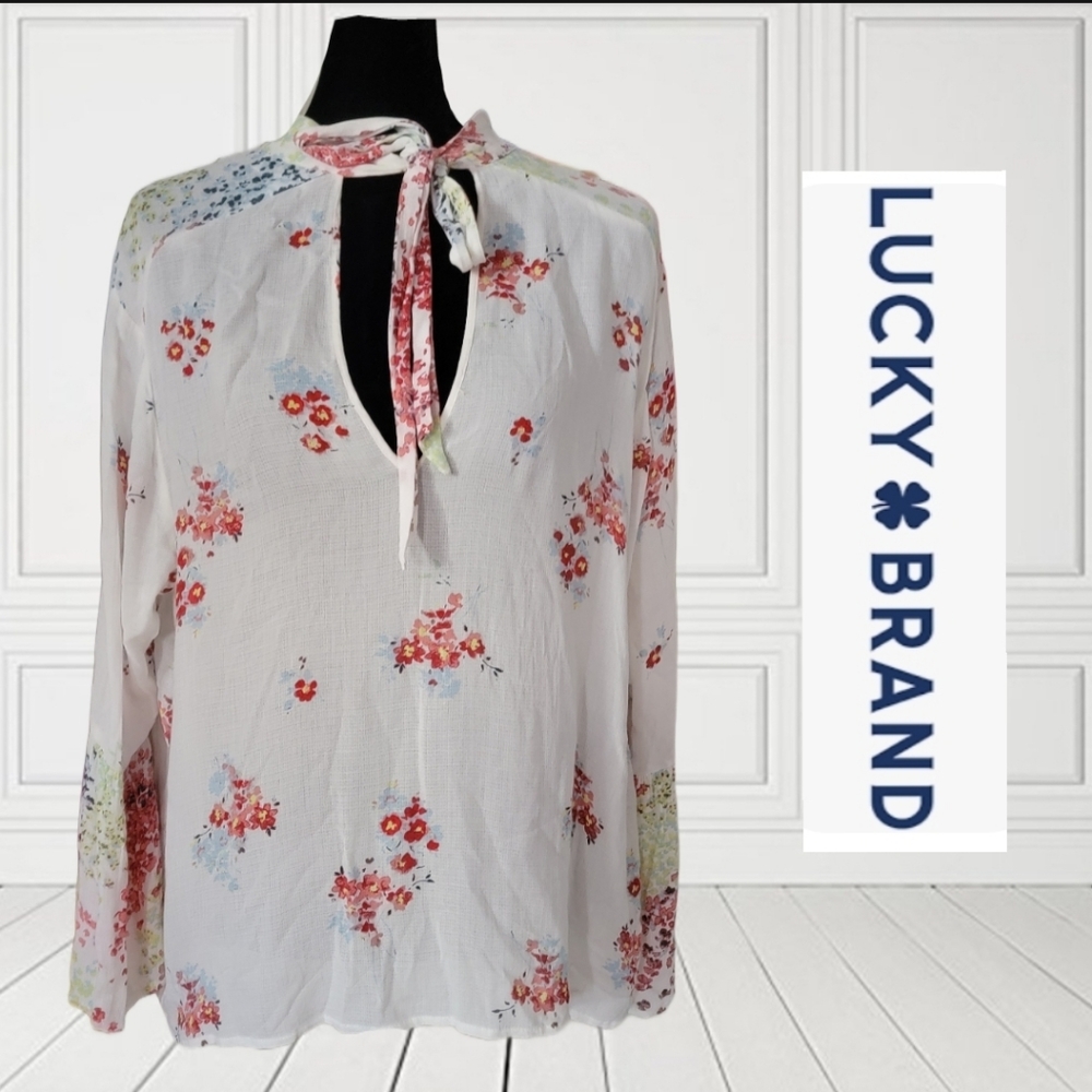 Lucky Brand Floral Print Bell Sleeve Tie Neck Peasant Blouse Size XL